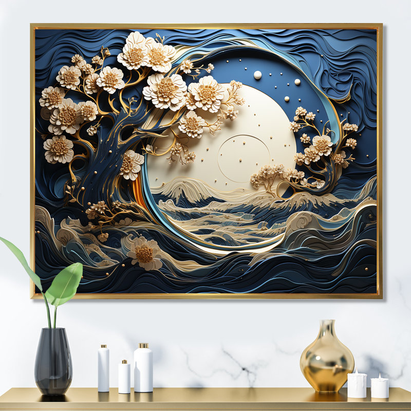 Ambiance côtière dorée et bleue I - arbre, art mural, Cadre flottant doré, H 24 po x l 32 po x P 1 po