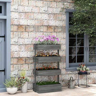 Jardinière verticale grise en bois, boîte à fleurs à 4 niveaux pour plantes d'extérieur, auto-drainante avec tissu non tissé, couleur