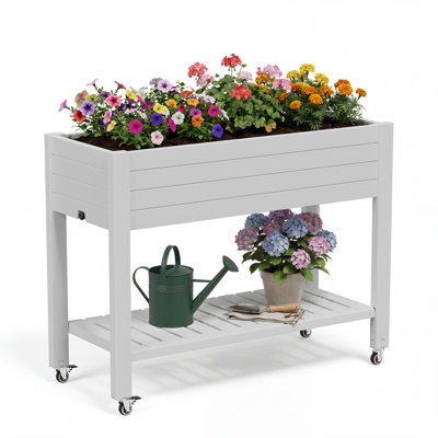 Raised Garden Bed with Shelf & Wheels – Weatherproof Resin Elevated Planter, 26.3" Height