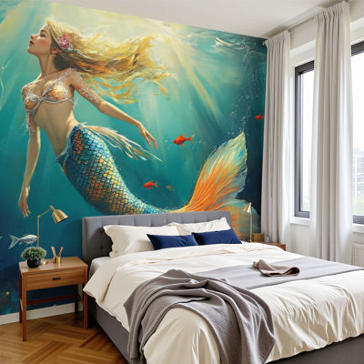 Peel and Stick Wallpaper 96" W x 69" H Modern Self Adhesive Wall Mural for Bedroom Mermaid Swimming Underwater Colorful Fishes Ocean Wildlife