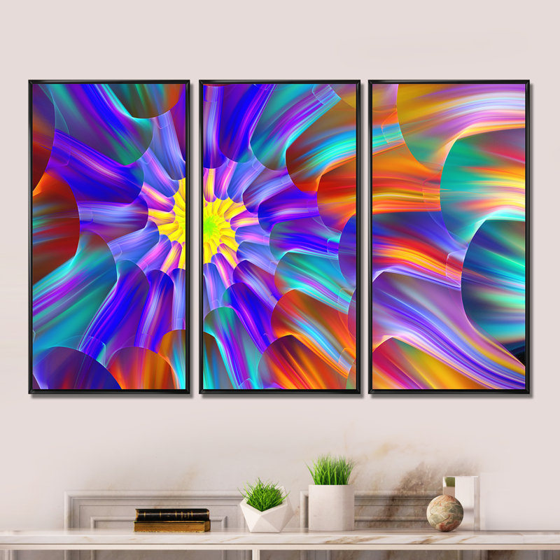 Spectaculaire vitrail avec spirales - ensemble de 3 toiles encadrées florales, Noir, H 28 po x l 36 po x P 1 po