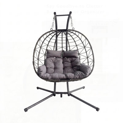 Double chaise à œufs suspendue avec support, hamac pour patio avec causeuse à coussins pour une détente intérieure et extérieure
