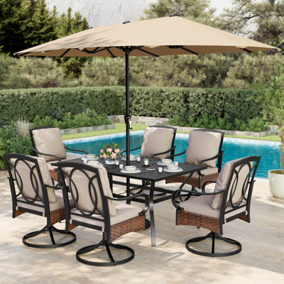 Ensemble repas pour 6 personnes avec parasol (optionnel) et 6 chaises pivotantes Bjartmar