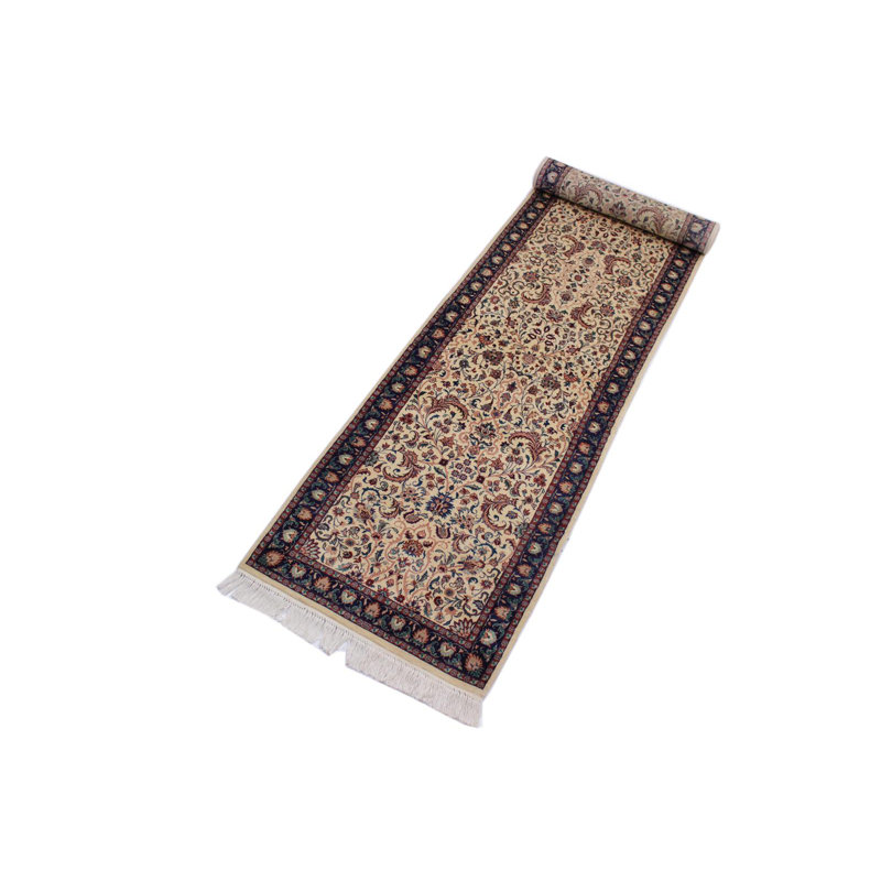 Tapis de couloir beige / bleu marine / rose en laine noué à la main de style oriental 2 pi 7 po x 11 pi 11 po Roca