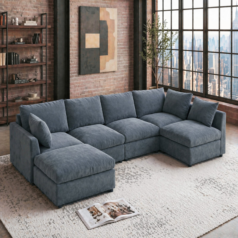 Canapé modulaire en U 6 places en chenille avec 2 repose-pieds, Gris chenille