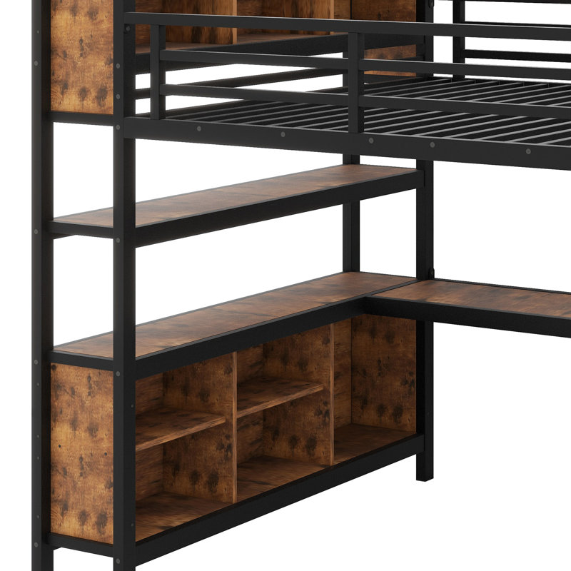 Loft Bed With Integrated Wardrobe, L-Shaped Desk, And Storage Shelves For Kids, Teens, And Adults, Wood