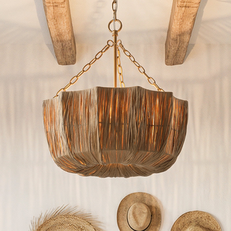 20" Organic Boho 5-Light Dimmable Bowl Chandelier With Handwoven Raffia Shade, Adjustable Height