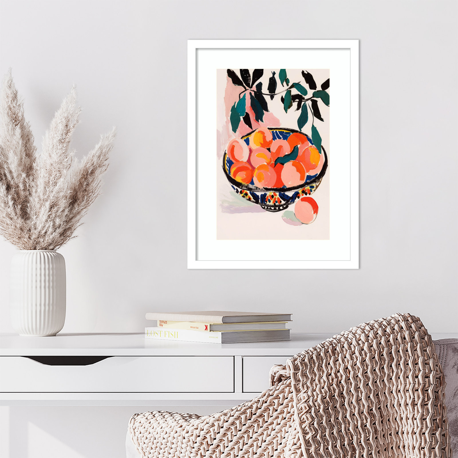 Ottilie "Fresh Peach Fruit Bowl" Print, White Framed, 21" H x 16" W