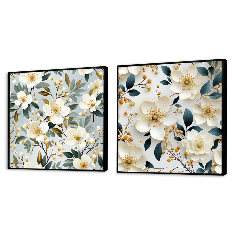 Gleaves - Ensemble de 2 collages floraux carrés, Cadre flottant noir, H 16 po x l 33 po