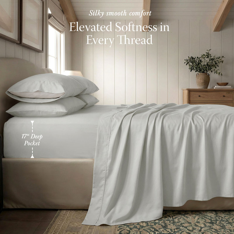 Ensemble de draps 100% coton Supima 1000 fils Threadmill, Gris clair, Ensemble de draps pour grand lit avec 2 taies d'or
