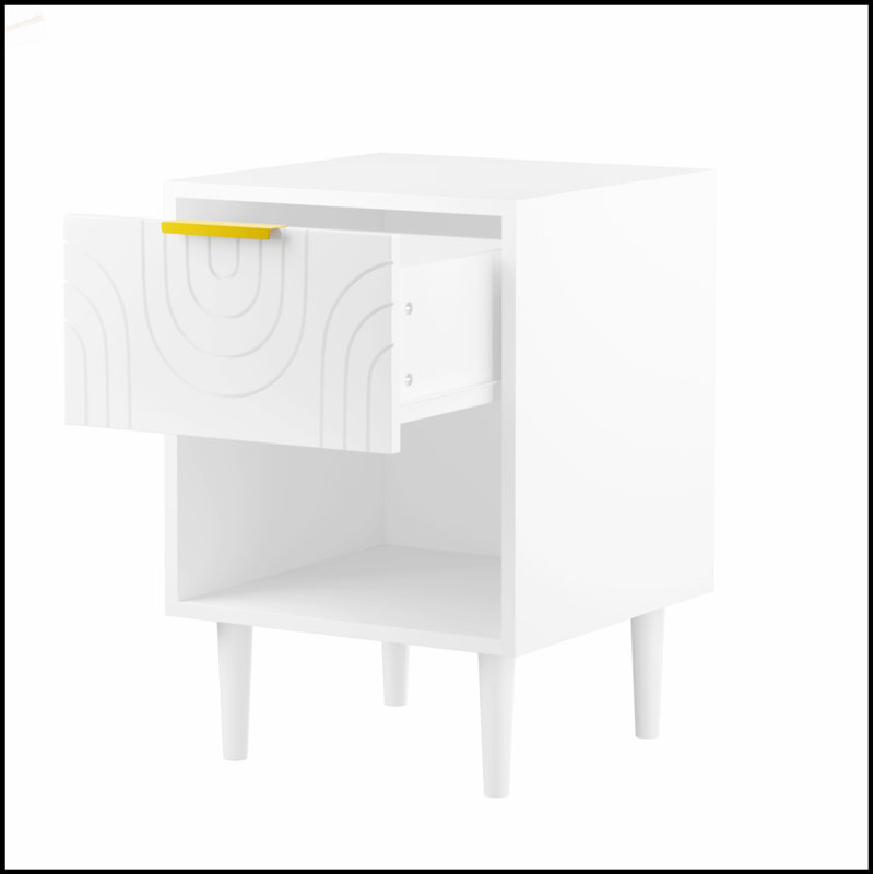 Élégante table de chevet en panneau de fibres à densité moyenne avec tiroir et tablette ouverte, détails dorés pour une élégance moderne