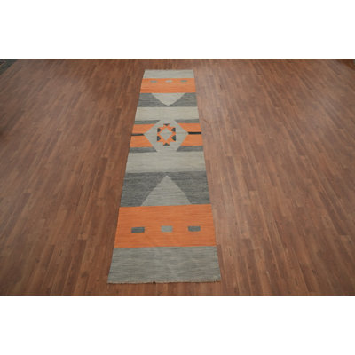 Southwestern Gray Kilim Runner Rug 3x12 with Orange Highlights