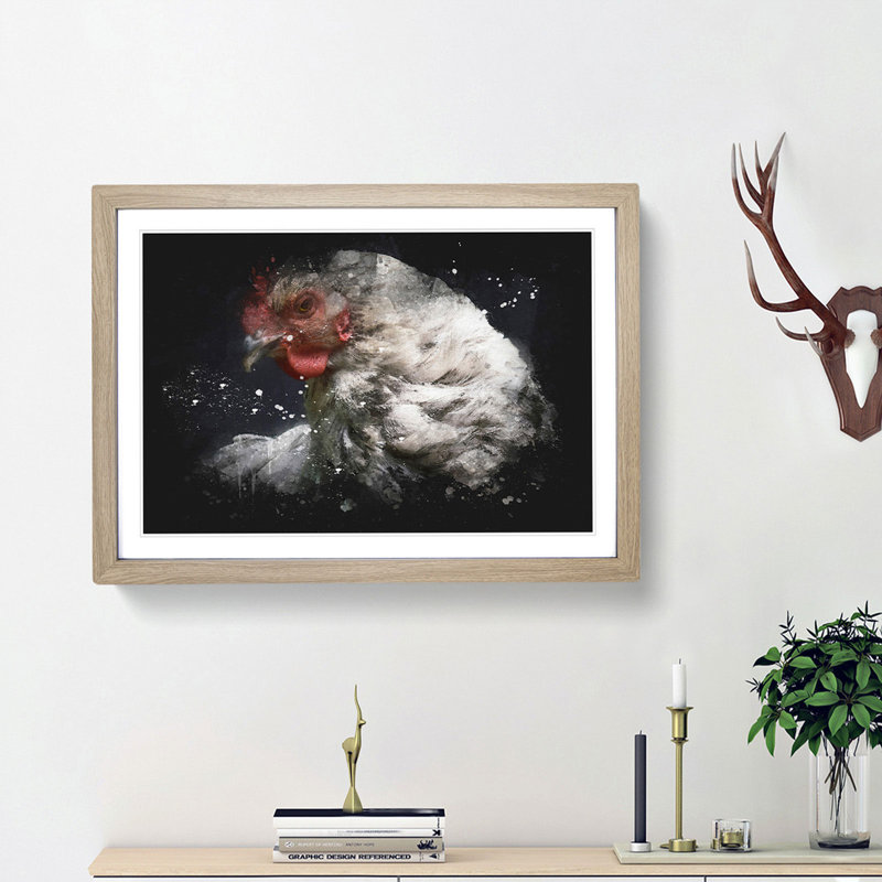 White Hen - Picture Frame Graphic Art Print, 24cm H x 33cm W x 2cm D, Oak Framed