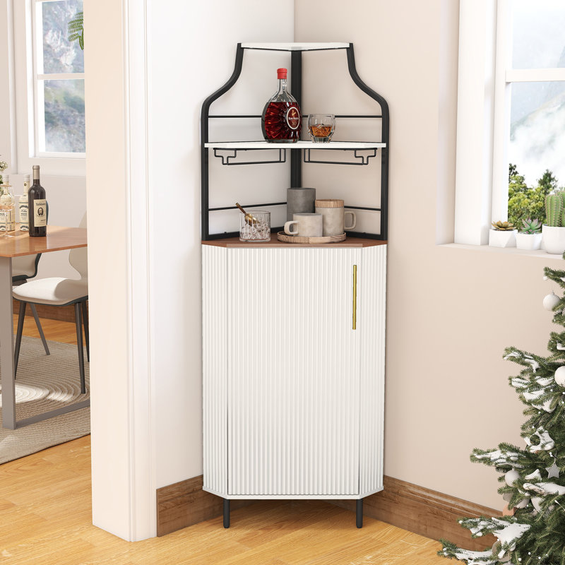 Armoire de bar de coin 59,05 po avec porte-bouteilles et lumières, Blanc