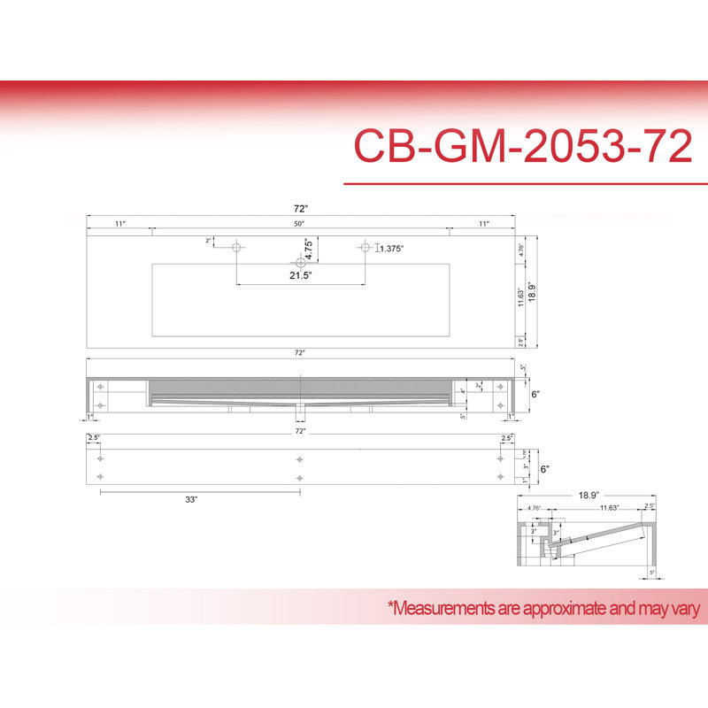 Pyramid 72" Wall Mounted Rectangular Solid Surface Bathroom Trough Sink in Matte Finish - White, With Faucet Holes, White
