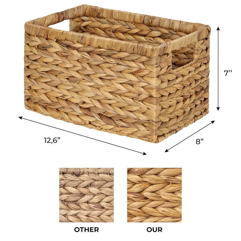 Set Of 6 Natural Water Hyacinth Woven Storage Baskets 12.6” X 8” X 7”, Rectangular Wicker Basket With Built-In Handles, Medium (Natural - Set Of 6)