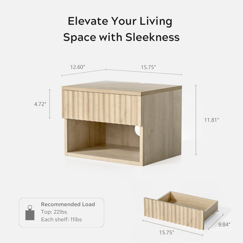 Drawer Wall-Mounted Nightstand With Open Cubby, Set of 2, Light Oak