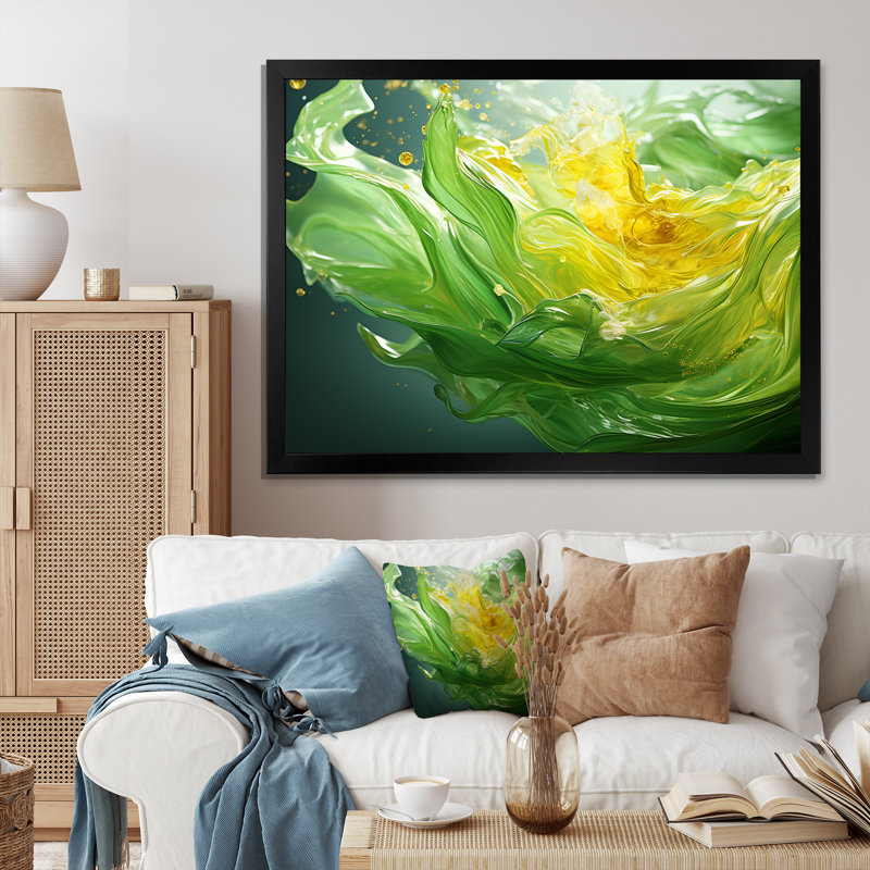 «Green and Yellow Harmonious Chaos II - Abstract Collages», art mural, Cadre d'angle fermé noir, H 30 po x l 40 po x P 1,5 po