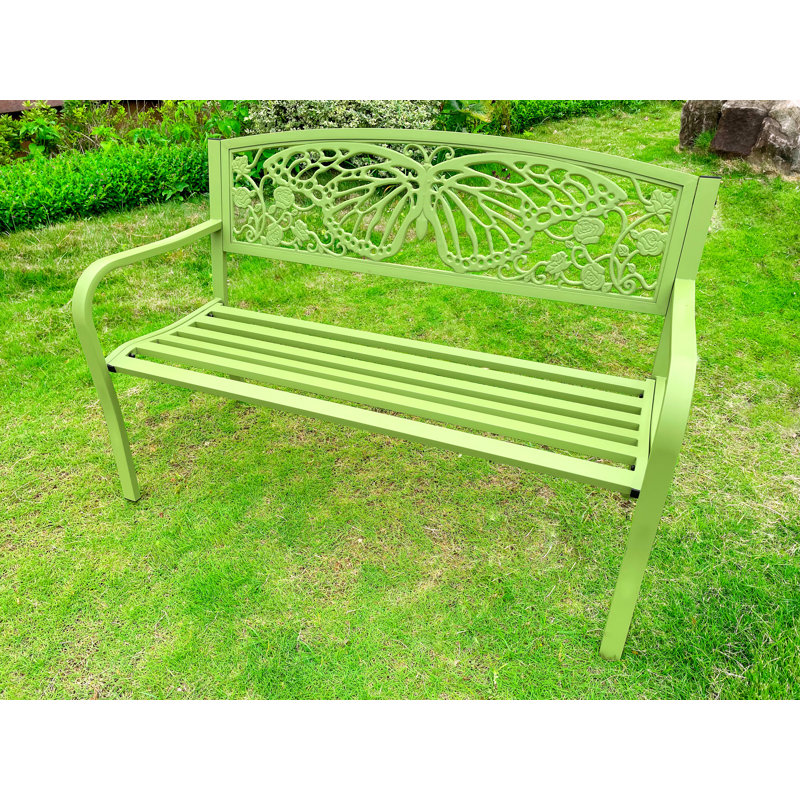  50" Outdoor Metal Garden Bench with Butterfly Backrest Design, Green