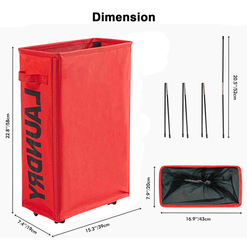 Fabric Rolling Laundry Hamper with Handles, Red