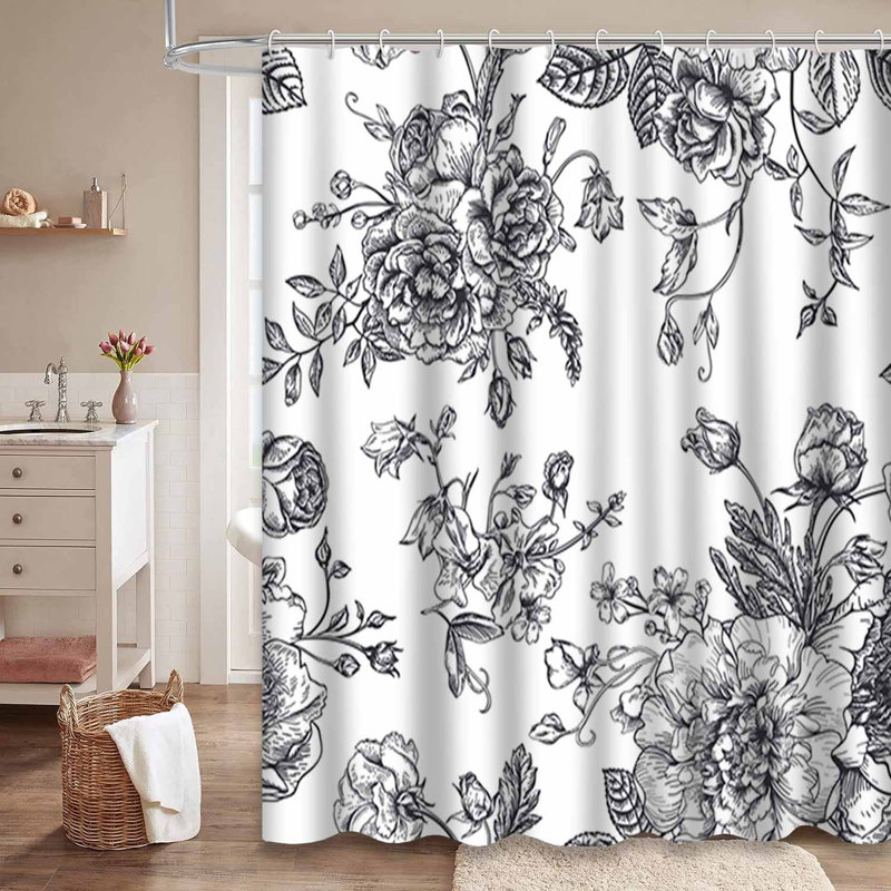 Rideau de douche imperméable noir et blanc avec 12 crochets, L 72 po x l 78 po