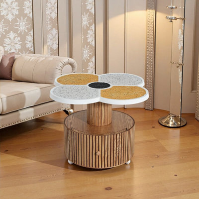 Four-Leaf Clover Shape Accent Side Table With Pull-Out Storage Drawer & Wood-Grain Base