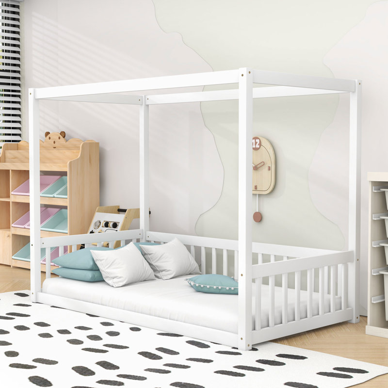 Wooden Canopy Floor Bed With Fence, Twin, White