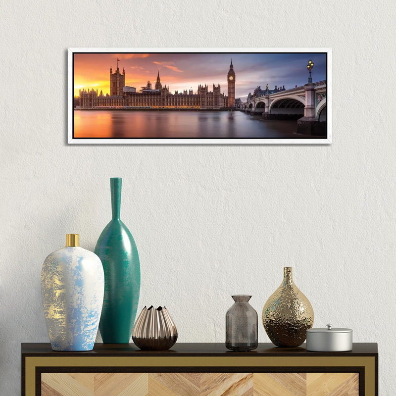 London Palace Of Westminster Sunset - Panoramic Print on Canvas, 30.48 cm H x 91.44 cm W, White Framed