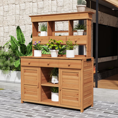 Fir Wood Outdoor Potting Bench with Adjustable Shelf, Spacious Drawers and Ergonomic Design