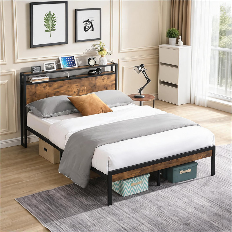 Structure de lit plateforme en métal pleine grandeur avec rangement, de couleur noire avec tête et pied de lit en bois, aucun sommier requis