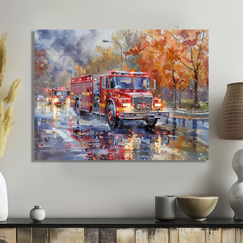 Camion de pompier rouge en automne, New York II, H 16 po x l 32 po x P 1 po, Métal métal