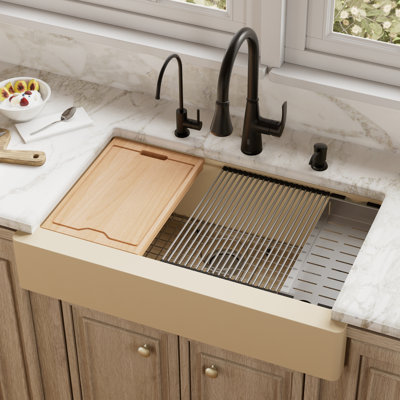 Karran Quartz 34'' X 21-1/4'' Single Bowl Retrofit Farmhouse Apron Front Workstation Kitchen Sink