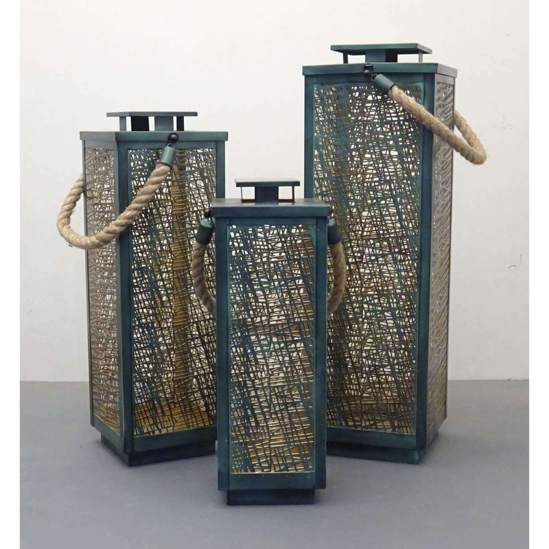 3 Piece Metal Wall Lantern Set, Green
