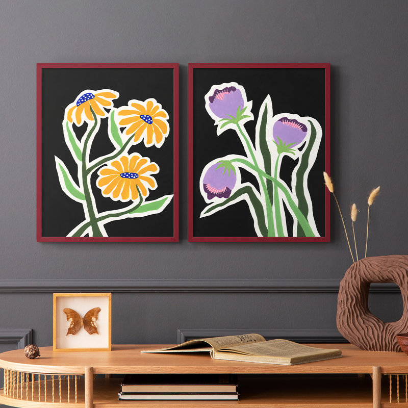«Pop Flowers I», reproduction encadrée de qualité supérieure - prête à être accrochée - aucun clou requis - aucun clou requis