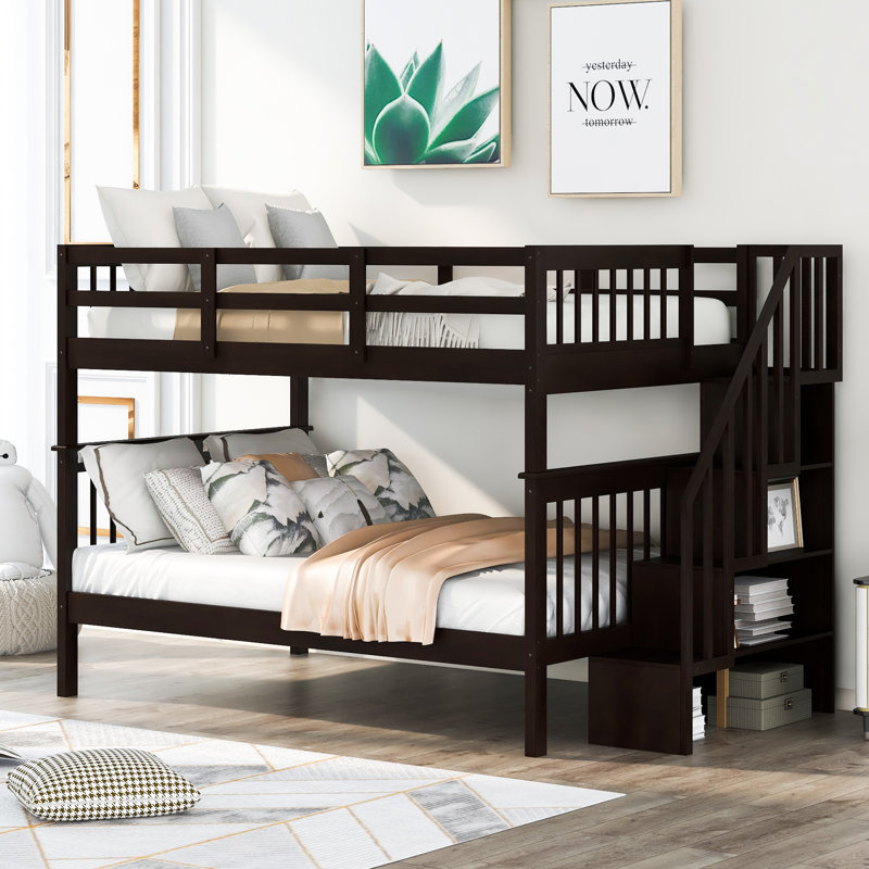 Lit superposé en escalier avec rangement et garde-corps pour chambre à coucher, dortoir, espresso