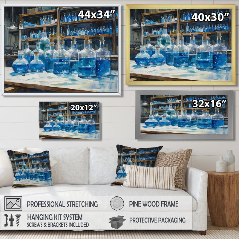 Art mural bleu et bleu synthétique - Laboratories, Cadre flottant noir, H 12 po x l 20 po x P 1 po