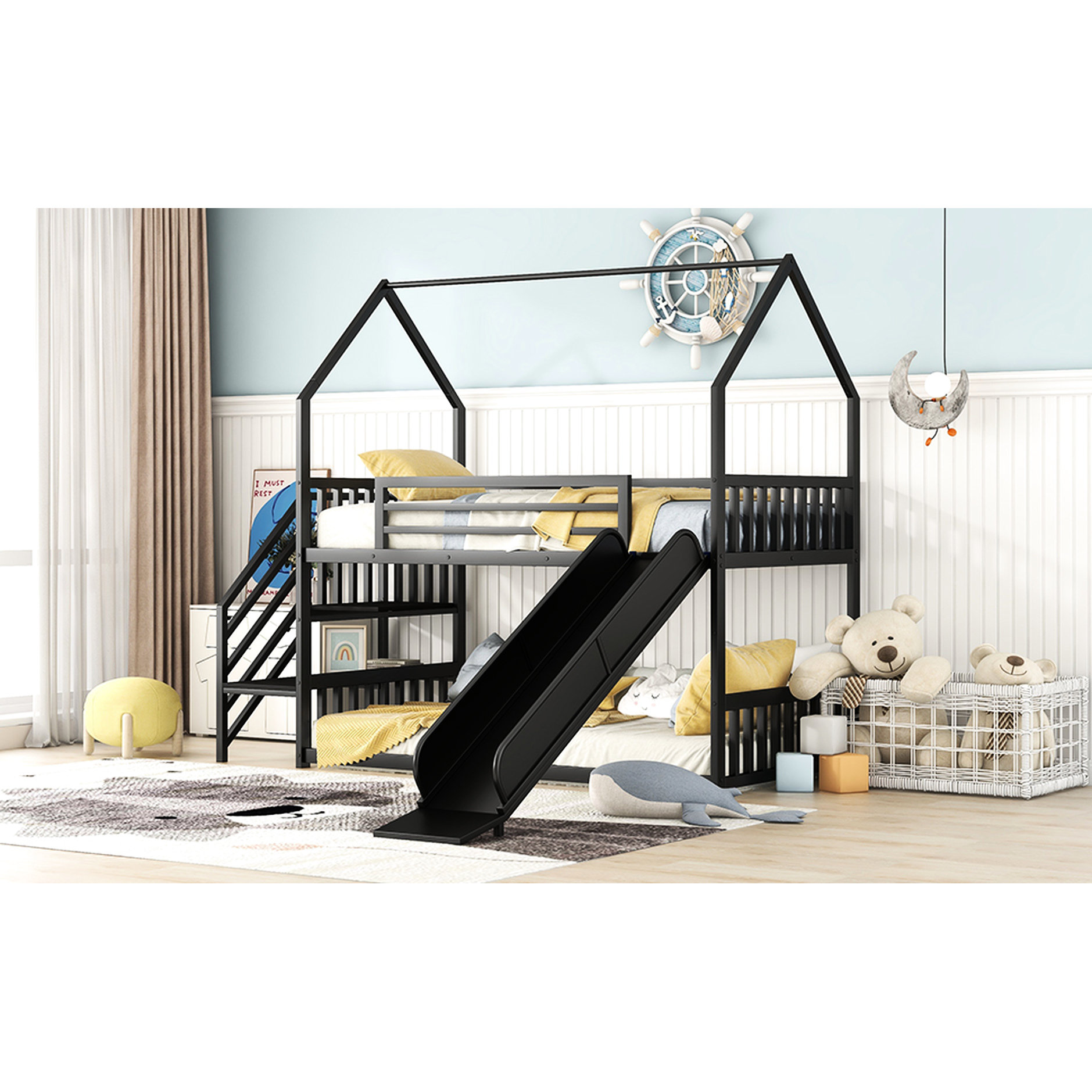 Brayden Studio Twin Metal Bunk Bed With Slide And Staircase, Black ...