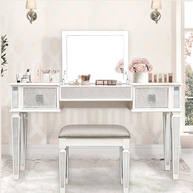 Mirrored Vanities Desk With Drawers, Bedroom Makeup Vanity Table Set With Mirror And Stool, Flip Up Dressing Table For Bedroom/Makeup Room, Working Desk For Women, Girl Furniture Combo