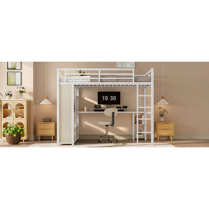 Grand lit mezzanine en métal grain de bois blanc avec garde-robe, bureau et rangement intégrés, caractéristiques pour les tablettes de taille supérieure, assemblage sans effort