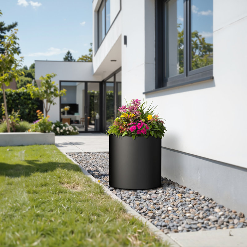 Pot à fleurs rond en béton gris anthracite (intérieur rehaussé) avec trous de drainage, H 16 po x l 16 po x P 16 po
