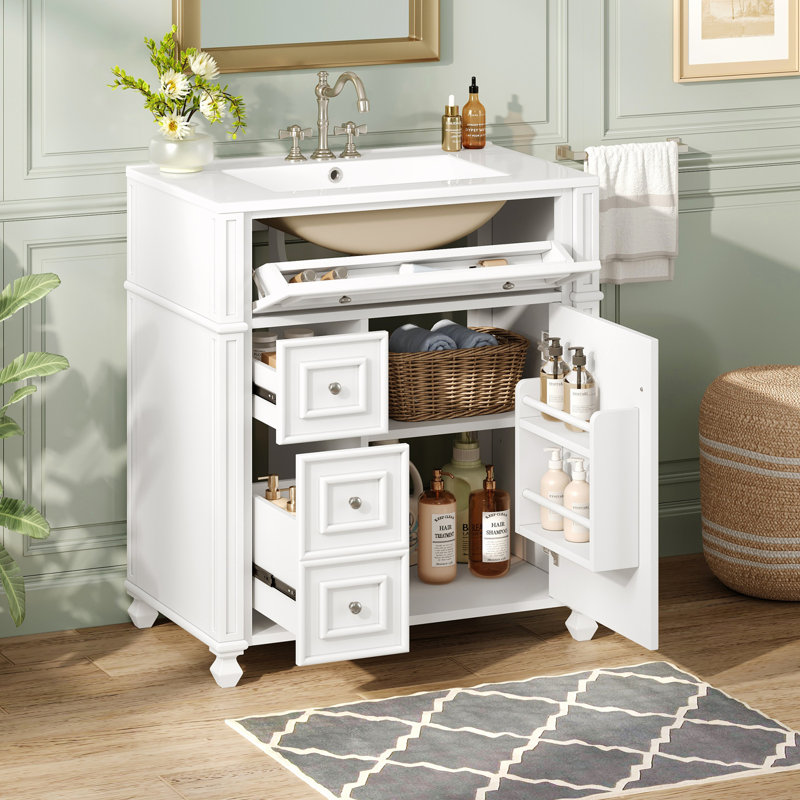 Freestanding Bathroom Vanity  With Adjustable Shelf And Drawers, White