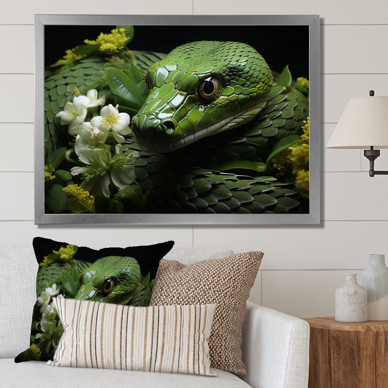 «Snake Serpentine Whispers», reproduction d'art sur toile, Cadre simple argenté, H 16 po x l 32 po x P 1 po