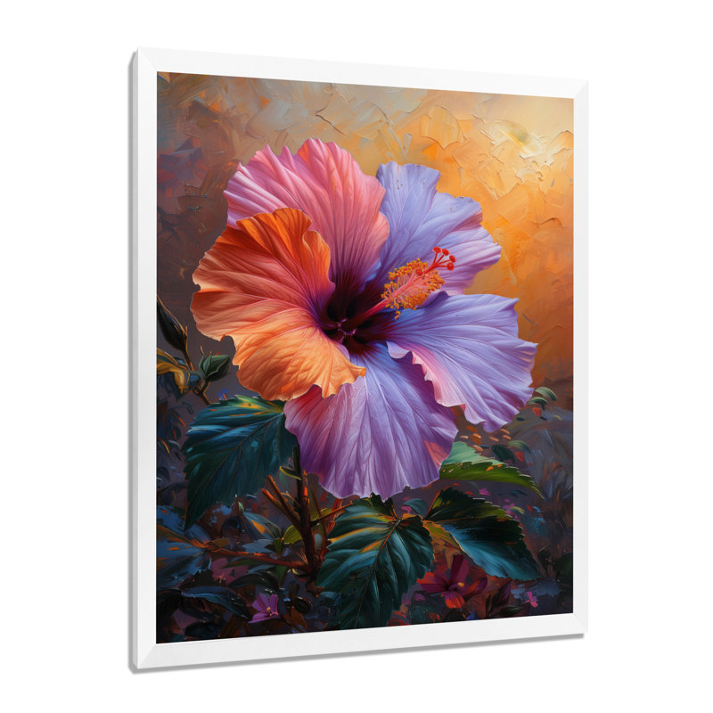 Décoration murale hibiscus rose, orange, coucher de soleil tropical, Cadre simple blanc, H 24 po x l 32 po