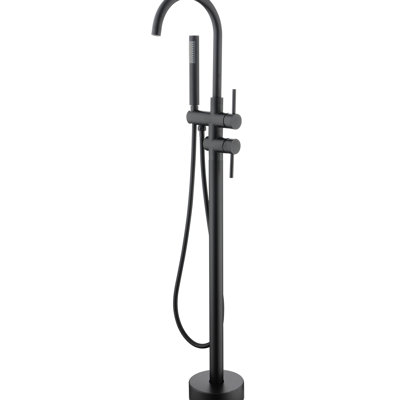 Matte Black Tub Filler With Handheld Shower And 360 Degree Spin Arm, Stainless Steel, Floor Mounted Bathtub Faucet Diverter Head,