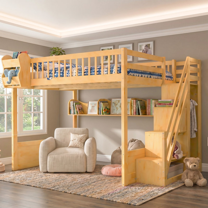 Structure de lit mezzanine en bois pour grand lit, avec espace polyvalent sous le lit, escalier, garde-robe et tablettes de rangement pour un rangement organisé, facile à assembler