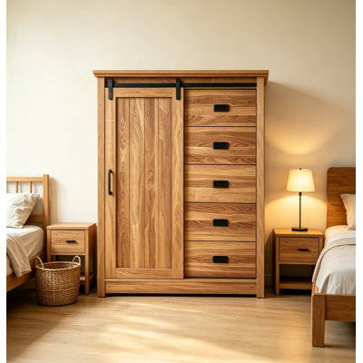Farmhouse 5-Drawer Dresser with Sliding Barn Door, Tall Storage Chest Cabinet with Adjustable Shelves for Bedroom, Hallway and Living Room