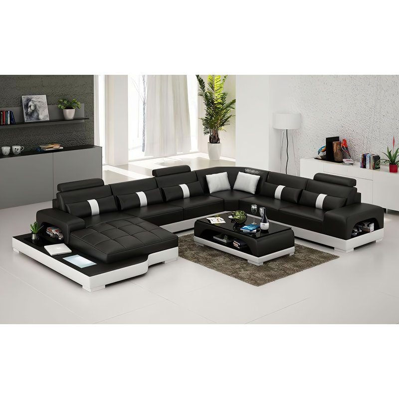Arieta Upholstered U-Shaped Sectional, Black Genuine Leather, Left Hand Facing