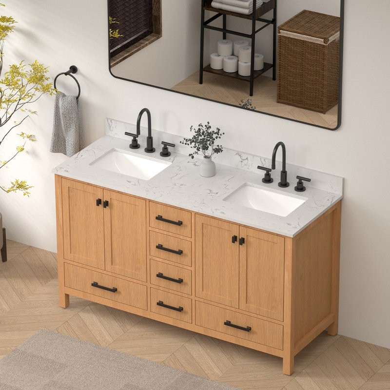 Gollehur 60'' Double Bathroom Vanity with Engineered Stone Top, Black, Natural