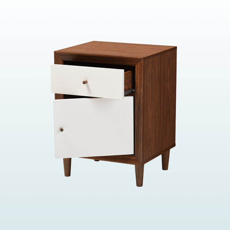 Scandinavian Mid-Century Modern White & Walnut 1-Drawer Nightstand