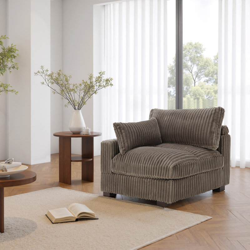 Upholstered Faux Rabbit Fur Flannel Armchair with Pillow Back, One Arm Single Chair Module Part For Sectional Sofa
